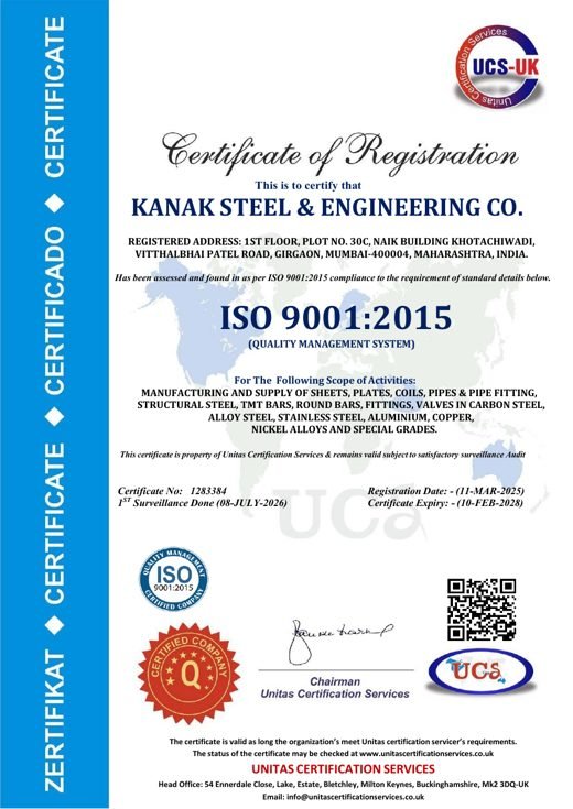 ISO 9001:2015 certificate of registration for Kanak Steel & Engineering Co., certificate no. 1283384